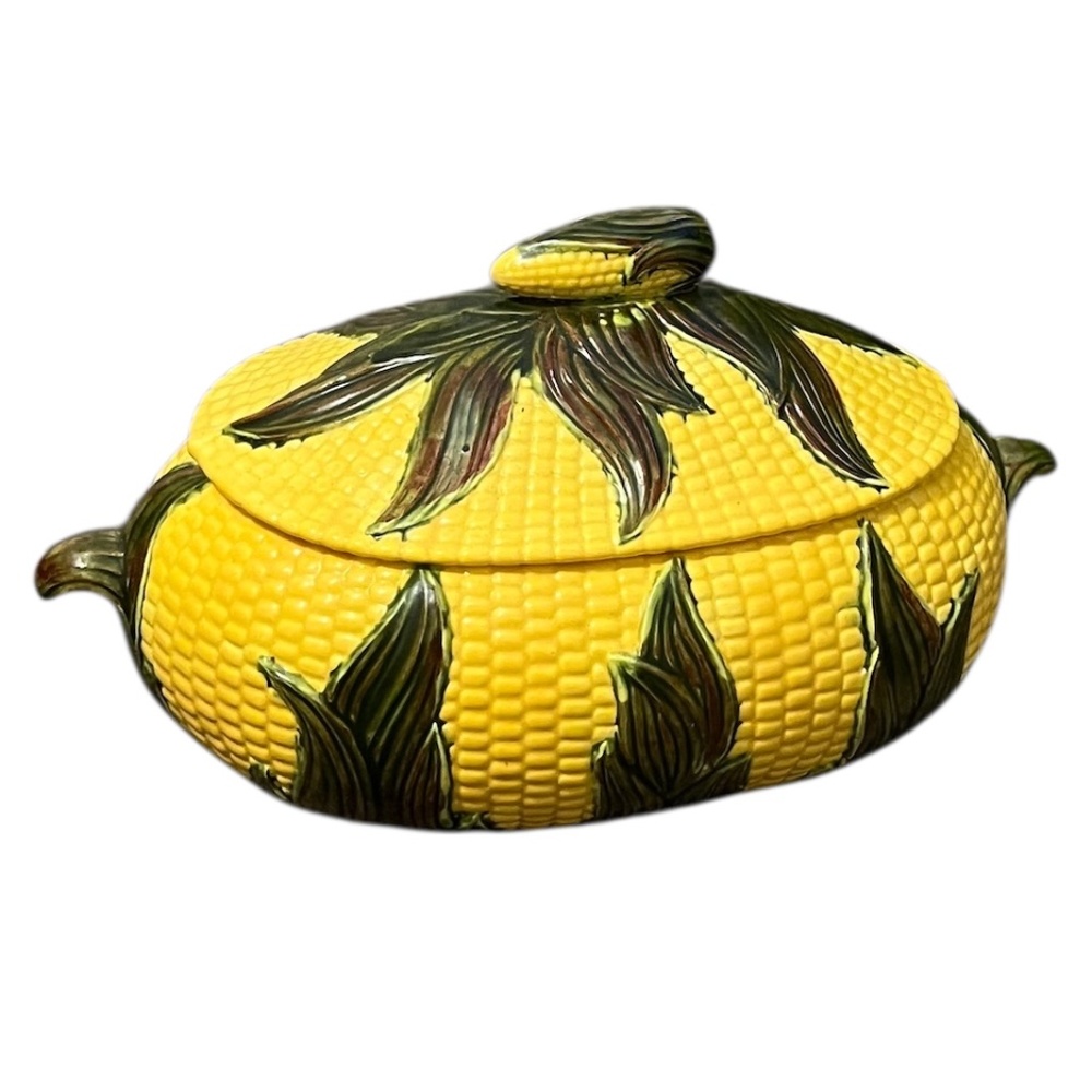 Vintage Lidded Ceramic Corn on Cob Bowl Tureen Green Leaf Accents Serving Dish